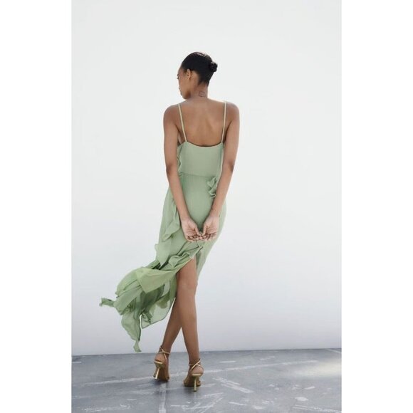 NWT ZARA Sea Green Chiffon Ruffle Cascading Long V-Neck Maxi Dress, Size L - Picture 13 of 16